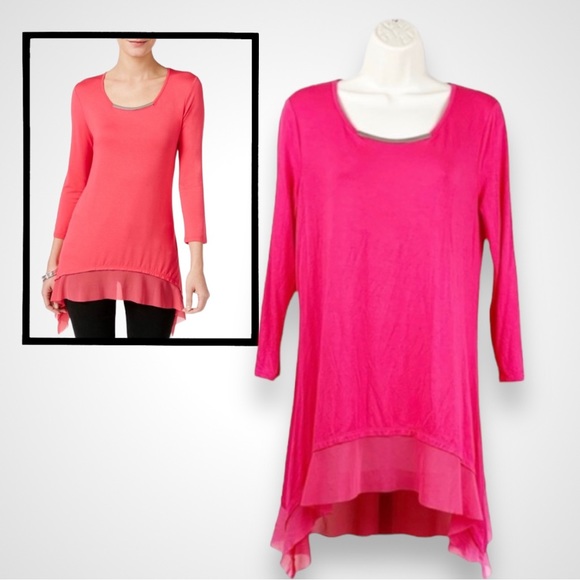Cable & Gauge Embellished Neckline 3/4 Sleeve Azalea Pink Layered Mesh Hem Tunic - Picture 1 of 9